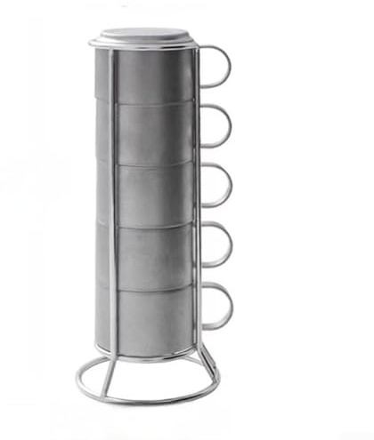 Set di 5 tazze da caffè in acciaio inox, a doppio strato, con supporto per campeggio, alpinismo, picnic