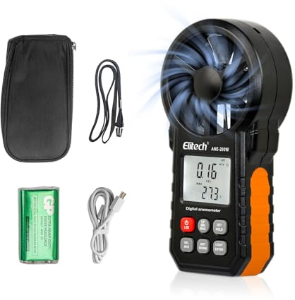 Elitech Anémomètre Bluetooth ANE-200 W, compteur de vitesse du vent numérique avec température et exportation de données USB, mesure du débit d'air CFM/CMM, pour les tests CVC et environnementaux