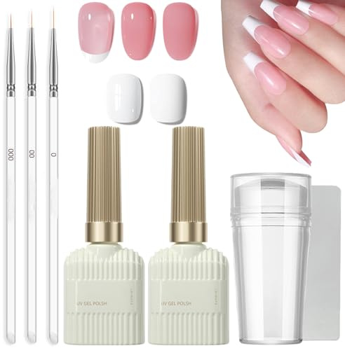 French Manicure Kit - White Gel Nail Polish & Jelly Pink Polish - French Gel Set With Tip Stamp & 3pcs Nail Art Pen - Long Lasting UV/Led For Home & Daily DIY