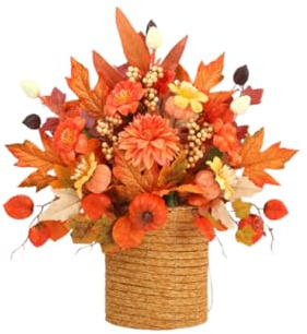 JOYWU Fall Wreath Basket for Front Door,50cm Fall Hanging Baskets Wreath with Pumpkins,Maple Leaves,Flower,Berries and Hydrangea,Realistic Maple Leaves with Pumpkin in Rattan Basket,Autumn Decor