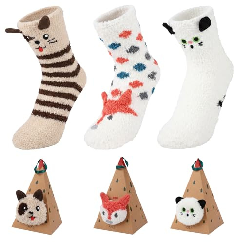 Wolkstello Chaussettes Rigolotes Femme, 3 Paires Chaussettes Animaux avec Boîte Cadeau, Chaussette Hiver Moelleuses, Chaussette Thermiques, Idées de Cadeaux pour Noël