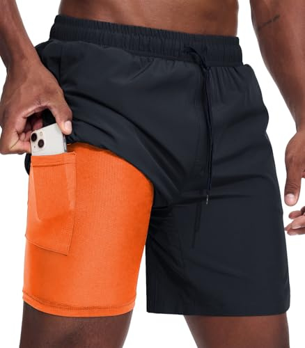 Danfiki Sportbyxor för män, korta löparshorts, korta 2 i 1 löpshorts med inbyggda fickor, Svart och orange, M