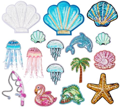 PH PandaHall 18 Stücke 14 Styles Ozean Pailletten Aufbügel Aufnäher Sommer Meer Stick Aufnäher Muschel Qualle Fisch Delfin Applikation für Kleidung
