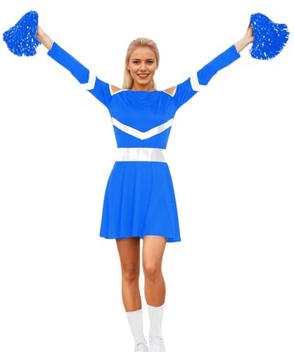Generisch Disfraz de animadora de 3 piezas para mujer, uniforme de animadora con manga larga, vestido de baile, pompones, diadema, calcetines, disfraz de animadora, cosplay, ropa festiva para fiestas