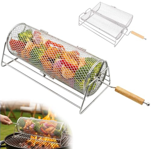 Yunkctuk Panier à Griller Roulant, Acier Inoxydable 304, Poignée en Bois Amovible, Panier à Barbecue Rond, Accessoires Barbecue pour Légumes, Fruits de Mer, Camping, Cadeau pour Papa, Hommes