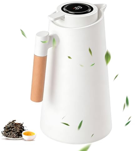 GOEDCH 1000 ml termos med temperaturdisplay: Termoskanna kaffekanna termisk med tesil, rostfritt stål, tekanna termisk dubbel glasinsats för hem och kontor kaffe, te och mjölk vit