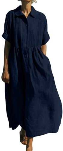 Générique Robe Femme Coton Lin Robes Décontracté avec des Boutons Manches Courtes Robes Ete Grande Taille Couleur Unie Robe Chemise Chic Et Elegant Robes Longue De Plage Bohême Midi Dress Vacances