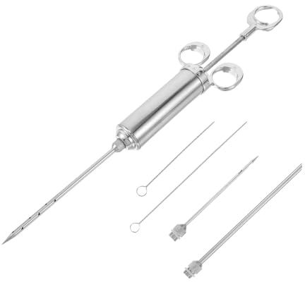 Hemobllo Set di iniettori per carne in acciaio inox con tre aghi e spazzola per la pulizia manuale condimento e siringa per tacchino manzo e pollo barbecue e attrezzature per friggere