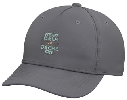 Keep Calm and Cache On Geocaching Geocacher Funny Apparel Adjustable Printed Baseball Hat, Slate Grey