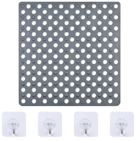 54×50cm Alfombra Ducha Antideslizante, Doble Antideslizante Ducha En PVC, Drenaje Rápido, Cómodo Masaje para Los Pies, Alfombrilla Ducha Antideslizante con 4 Ganchos, Gris