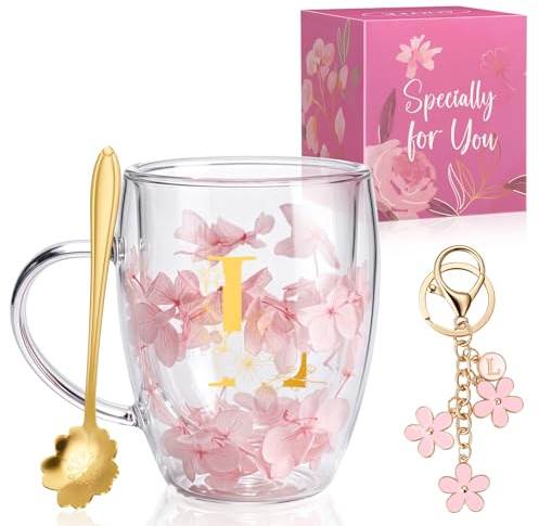 AOOTE Dried Flowers Double Wall Glass, 350ML Dried Flowers Tea Cups with Handle and Spoon, Flower Keychain, Gifts for Women Glass Coffee Mug for Christmas Valentines Day Mothers Day