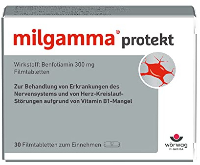 milgamma® protekt Benfotiamin (Vitamin B1) Tabletten 300 mg, 30 Stk. | Bei Nervenschäden (Neuropathien) durch Vitamin-B1-Mangel, 1x täglich, hohe Bioverfügbarkeit*, laktosefrei & glutenfrei