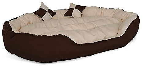 lionto Hundebett 4-in-1 mit Wendekissen aus robustem Oxford, 110x80 cm, Heimtierkissen Kratzfest mit tiefem Einstieg für Katzen und Hunde Aller Größen, inkl. Zierkissen, wasserabweisend, braun/beige