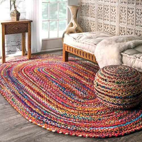 Nuloom Tammara Multicolor, 5' x 8' Oval, Hand Braided, Bohemian, Cotton, Soft and Cozy, High Traffic, Stain Resistant, Easy Clean, Durable Area Rug for Bedroom, Living Room, Dining, Den, Entryway