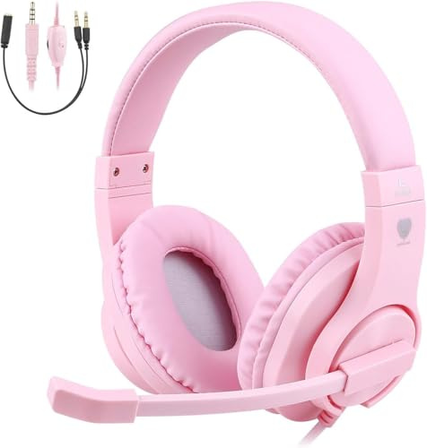 ShinePick Gaming Headset for ps4, 3.5mm Wired Leicht Bequem Overear Bass Surround Kinder Headset mit Mikrofon for PS4/ Xbox One/s/PC/Computer (Rosa)