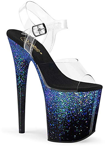 Pleaser Damer FLAMINGO-808SS platå höga klackar sandalett svart/blå, - Clr Blk Blue Multi glitter - 38 EU