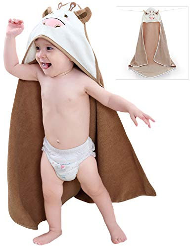 Baby Kapuzenhandtuch, 35.4x35.4, 100% Baumwolle Super Weich Saugfähige Badetuch Waschlappen Kuh Design Decke Dusche Geschenk für Baby Kleinkind Mädchen Jungen