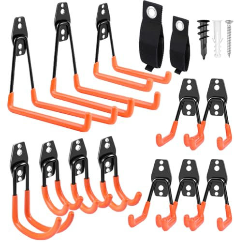 Garage Hooks Heavy Duty 14 Pack, Steel Garage Storage Hooks, Tool Hangers for Garage Wall Utility Wall Mount Garage Hooks and Hangers with Anti-slip Coating for Garden Tools, Ladders, Bulky Items