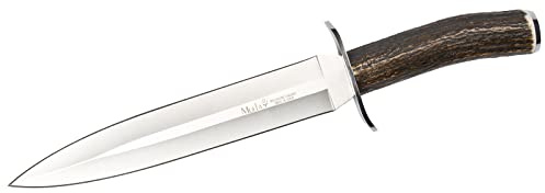 Muela cuchillo de caza VIKINGO VIKINGO-23A con hoja de acero inoxidable ACX-380 de 23 cm y empuñadura de asta de ciervo de 13,5 cm para Caza, Pesca, Supervivencia y Bushcraft + Portabotellas de regalo