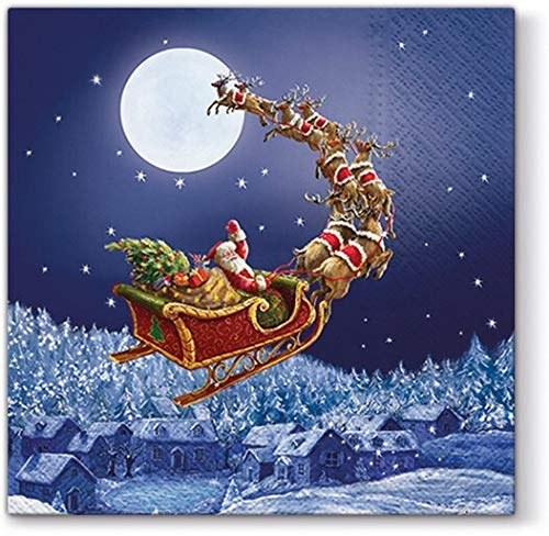 20 Servietten Santa im Nachthimmel als Tischdeko für Winter und Weihnachten 33x33cm