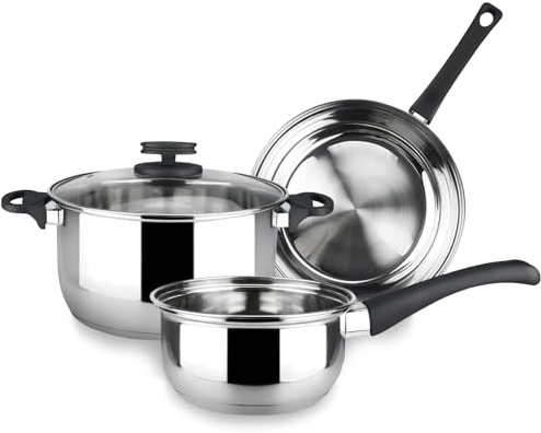Magefesa Style - Batería de Cocina, Acero Inoxidable, 4 Piezas, Incluye Cacerola + Cazo + Sartén, Todo tipo de Cocinas, Induccion, Ecológica