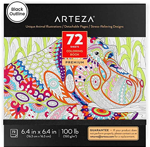 ARTEZA Malbuch für Erwachsene, Tiermotive, 72 Blatt, 16,4 x 16,3 cm, 150 g/m² Papier