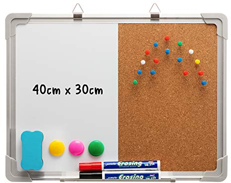 DOEWORKS Kombitafel 40 x 30cm Magnettafel Whiteboard & Kork Pinnwände zum Aufhängen, Doppelseitig Tafel für Hause Büro Schule