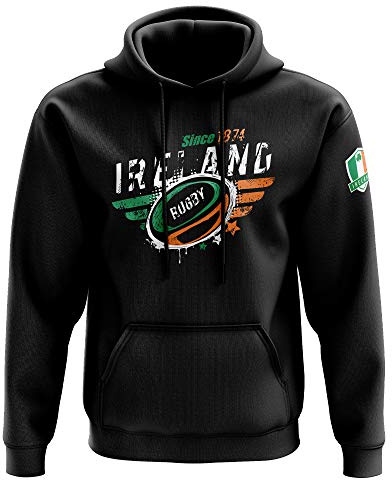 Mens Ireland Rugby Since 1874 Hoodie - Supporter Rugby Irish Badge Rugga Gifts for Him - St Patricks Day Sports Fan, Black, S
