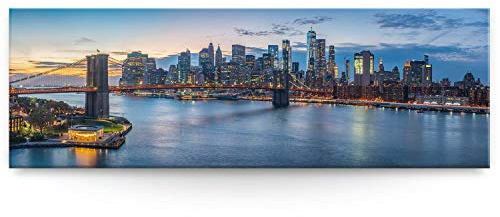 BilderKing Wandbild Skyline Brooklyn Brigde New York - 150cm x 50cm Leinwand auf Fertigrahmen + Aufhänger