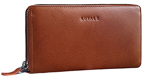 ROYALZ 'Lilly' Vintage Portemonnaie Damen Groß mit Reißverschluss Büffel-Leder RFID Schutz Frauen Geldbörse Querformat, Farbe:Texas Braun