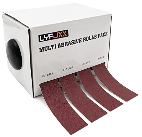 Schleifpapier auf der Rolle im Spender, 4 Rollen in verschiedenen Körnungen, Schmirgelpapier-Rollen, lang, für Holzbearbeitung, Metallpolieren, Körnung 150, 240, 320, 400, 8 m je Rolle | Körnung 150, 240, 320, 400, Schleifpapier, Rolle, Schmirgeltuch-Sortiment, für Metall