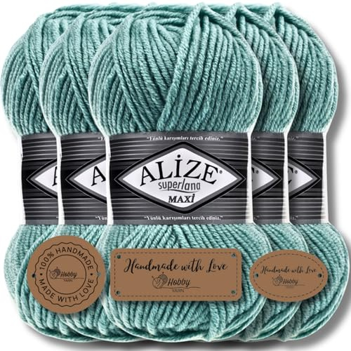 Alize 5 x 100g Superlana Maxi Türkische Premium Wolle Baumwolle und Acryl Uni Handstrickgarne, Yarn, Garn, Strickgarn, Einfarbig, Baby, zum Häkeln Stricken Kleidung Schals (Light Aqua - 463)