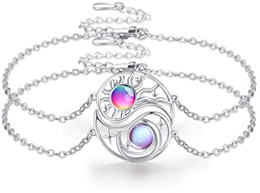 Waysles 2 Stücke Bff Armband Mond Sonne 925 Sterling Silber Schwestern Armband Runden Kristallen Mondstein Sonne Mond Freundschaftsarmband Bff Schmuck für 2