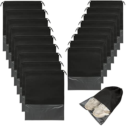 MIVIDE 40PCS Black Travel Shoe Bags, Drawstring Shoes Storage Bags with Transparent Slot, 20pcs Large and 20pcs Medium Shoes Bag for Travel and Storage(32x44CM,27x36CM)