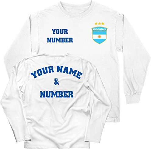 lepni.me Maglia Bambini Coppa del Mondo 2022 Campioni Calcio Argentina Tuo Nome e Numero Distintivo della Bandiera Argentino Personalizzato Maglietta (12-13 Anni Bianco con 3 Stelle Multicolore)