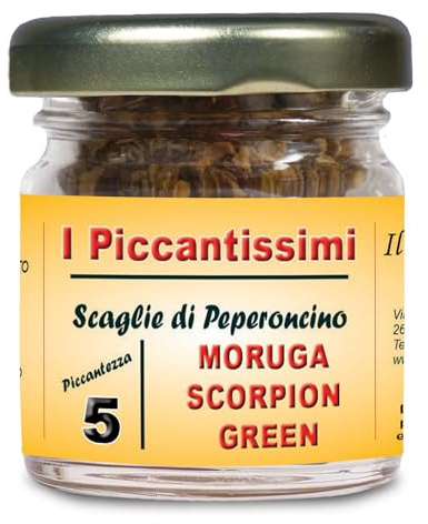I Piccantissimi - Chile extra picante GREEN SCORPION en tarro de (15 g) Chile en hojuelas de larga duración - Chile SCORPION cultivado con respeto en Italia (1.200.000 SHU)