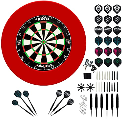 KOTO - King Pro Edition Dartscheibe Rot Incl. Surround & Accessory Kit Steeltip 90 Stücks, 2 Sets Dartpfeile 23 G, 6x3 Flights, 6x3 Shafts
