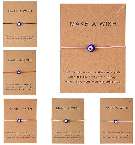 bracelet oeil contre le mauvais oeil porte bonheur - réglable femme homme enfant - hamsa - perles plates bleu - carton make a wish