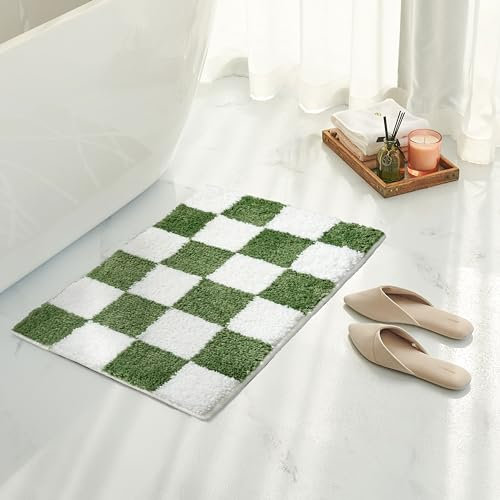Tititex Luxury Olive White Checkered Grid Bath Mat, 16''x24'' Classic Checkerboard Extra Soft and Absorbent Microfiber Bath Rugs, Non-Slip Plush Shaggy Bath Carpet for Bathroom Floor