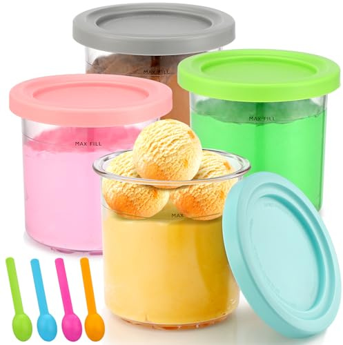 GreHom 4 Stück Eisbehälter Dessert Tubs, BehäLter mit Deckel und 4 Löffeln, Spülmaschinenfest Wiederverwendbar, , Genießen Sie Gelato, Milchshakes, Sorbets