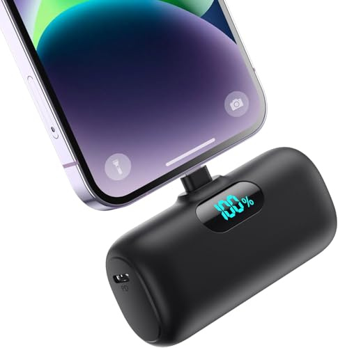 Mini Batterie Externe pour iPhone 5000mAh, Mise à Niveau 15W PD 3.0A Charge Rapide, Compact et Léger Power Bank Écran LCD Chargeur Portable Compatible avec iPhone 14/13/12/11/XR/X/8/7/6 (Noir)