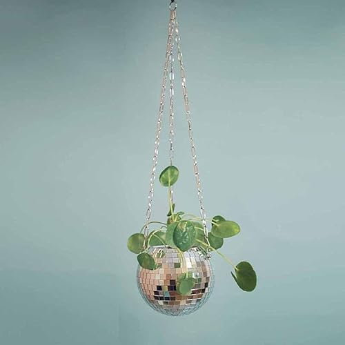 Blumentopf, Kugel-Pflanzkorb, runder Spiegel, Hängetopf, Blumentopf, Wand-Pflanzgefäß, Hängevase, Tischdekoration, Balkonvase, Zimmerpflanzen, Sukkulenten, Blumen (Farbe: Silber, Blattgröße: 15 cm).