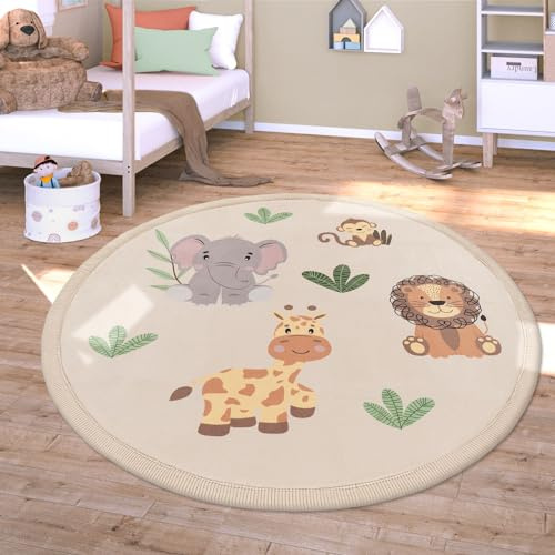 TT Home Waschbarer Teppich Krabbelmatte Babyzimmer Kinder rutschfest Flauschig Punkte, Farbe:Grün Beige Gelb, Größe:160 cm Rund