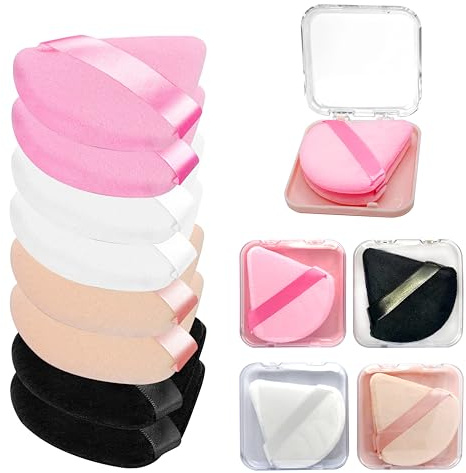 8 Pieces Triangle Powder Puff with 4 Travel Cases, Triangle Makeup Puff, Reusable Velour Makeup Sponge Blending Puff for Loose Powder and Foundation, Beauty Makeup Tools (4 colors)