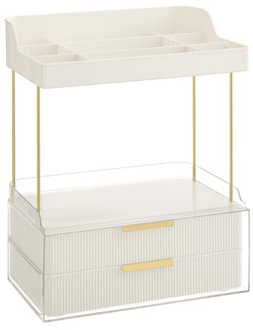 SONGMICS Make-up Organizer 4 Ebenen, Kosmetik-Organizer, 4 Trennwände, Make-up Box für Schminktisch, rutschfest, Badezimmer, Schlafzimmer, Küche, 20 x 32 x 39,1 cm, weihnachten, wolkenweiß JKA021W01