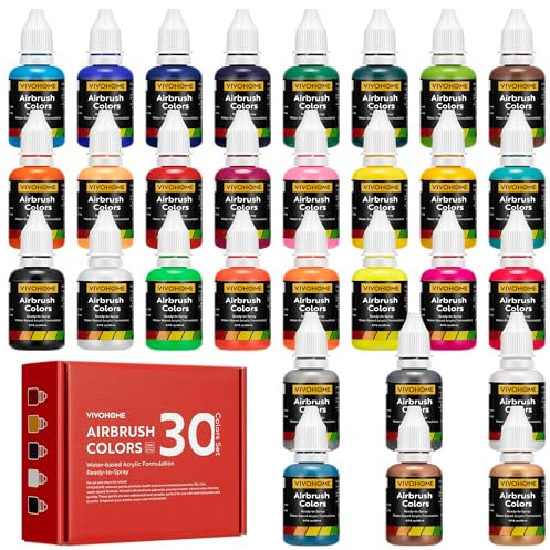 VIVOHOME 30 Farben Airbrush Farbset Acryl Airbrush Farben sprühfertig Malfarben auf Wasserbasis für Künstler und Anfänger enthält 6 Metall- und 6 Neonfarben 30er-Packung (20 ml