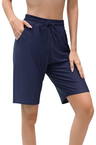 Charmo Badeshorts Damen High Waist Badehose mit Taschen Lang Swim Shorts Knielang Baderadler Beach Shorts UPF50+ mit Innenslip