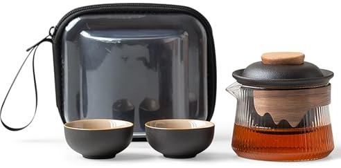 fanquare Service à Thé de Voyage Portatif Théière en Verre Chinoise Kung Fu en Porcelaine Noire avec Infuseur Mini 1 Pot 2 Tasses pour Adultes