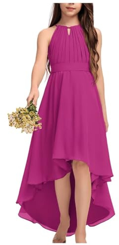BessDress Vestido largo de gasa para niña de flores, para boda, fiesta, halter, vestido de graduación, vestido formal alto y bajo, BSMD002C, fucsia, 140