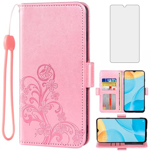 Asuwish Compatible with OPPO A15/A15S/A35 Wallet Case and Tempered Glass Screen Protector Flip Purse Accessories Wrist Strap Card Holder Stand Cell Phone Cover for A 15 15S CPH2185 Women Men Rose Gold